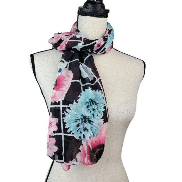 Floral Scarf Black Pink Blue Windowpane Check Sheer Lightweight Square Spring - Picture 1 of 2